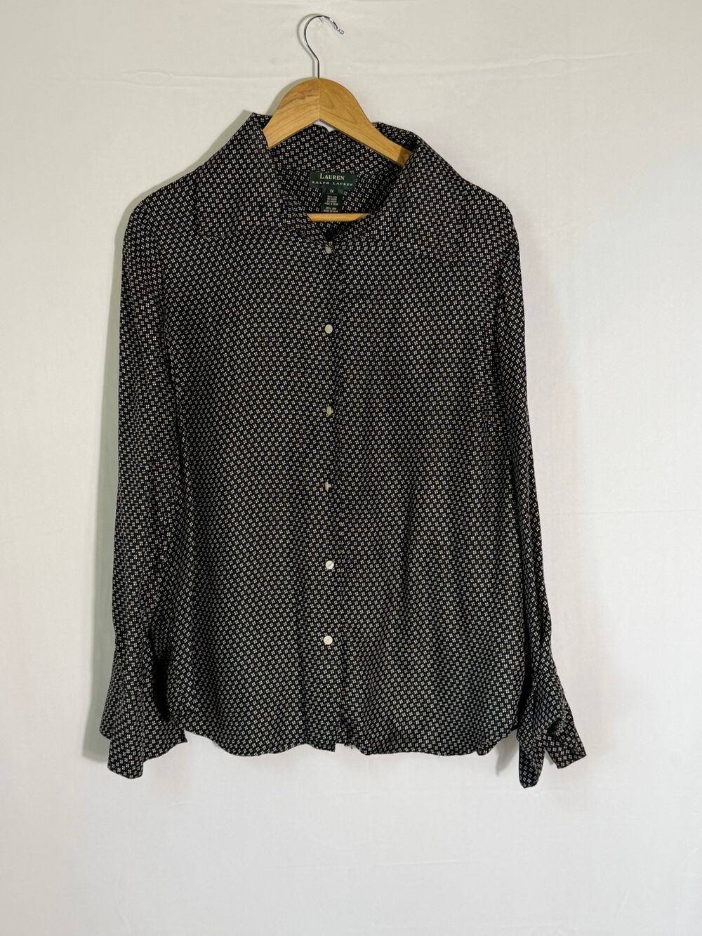 Lauren Ralph Lauren 100% Silk Tie Neck Blouse Women’s 1X Black White Print